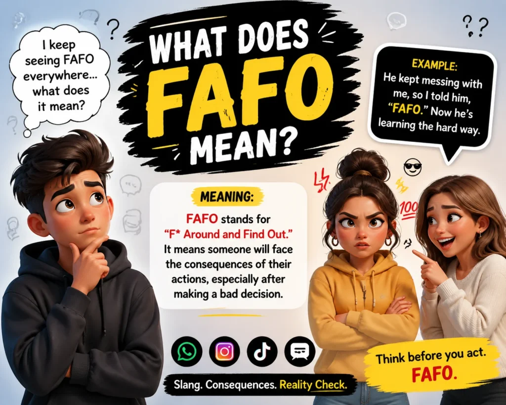 The image features two cartoon characters, one thinking and the other speaking, with text boxes that describe the phrase and its consequences. Social media icons (WhatsApp, Instagram, TikTok) are included, alongside an example of how "FAFO" is used.