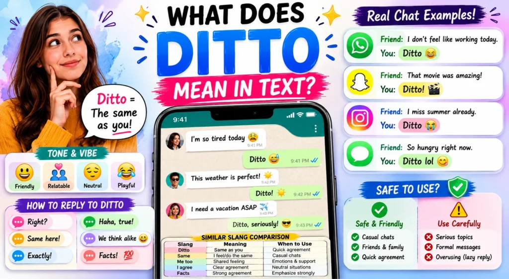 Colorful infographic explaining what “ditto” means in text, featuring a smartphone chat example, quick definition (“the same as you”), tone and emotion icons, real chat conversations, reply ideas, and sections showing when and where to use “ditto” in casual messaging.