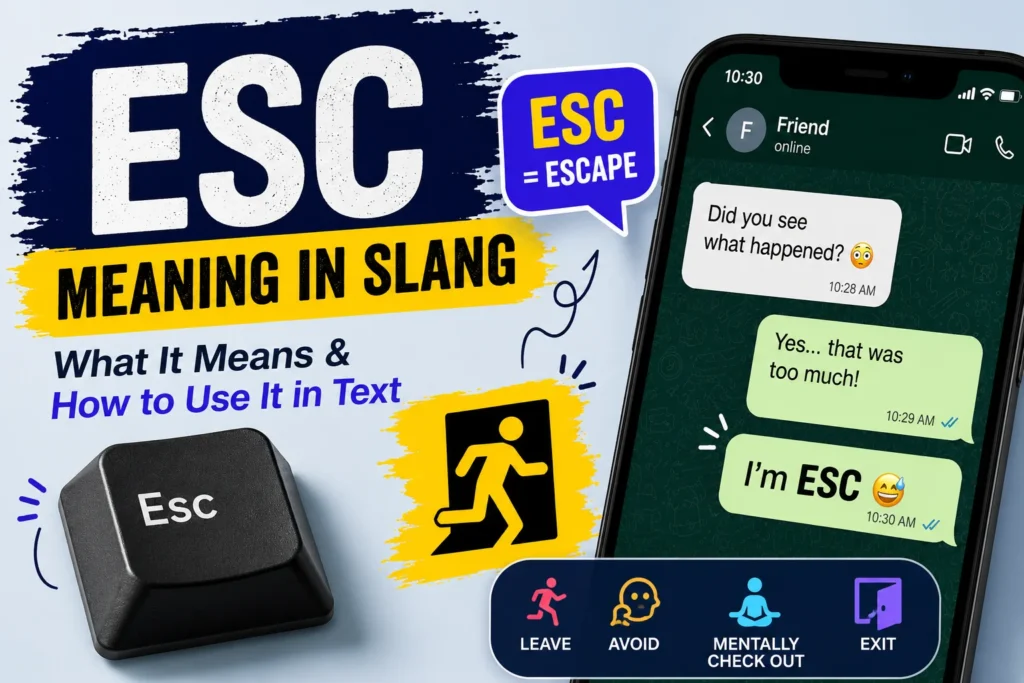 ESC meaning in slang illustrated with a keyboard escape key, chat messages showing “I’m ESC,” and icons representing leaving, avoiding, and exiting a conversation