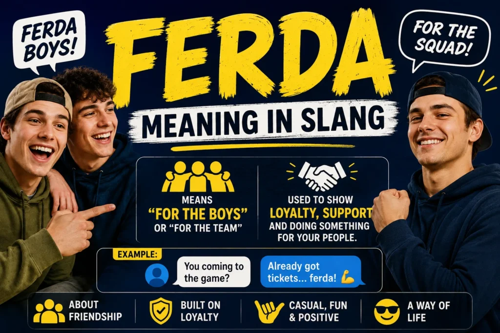 Featured image showing the slang term “FERDA” in bold text, with a group of friends smiling and pointing, representing loyalty, teamwork, and doing something “for the squad.”