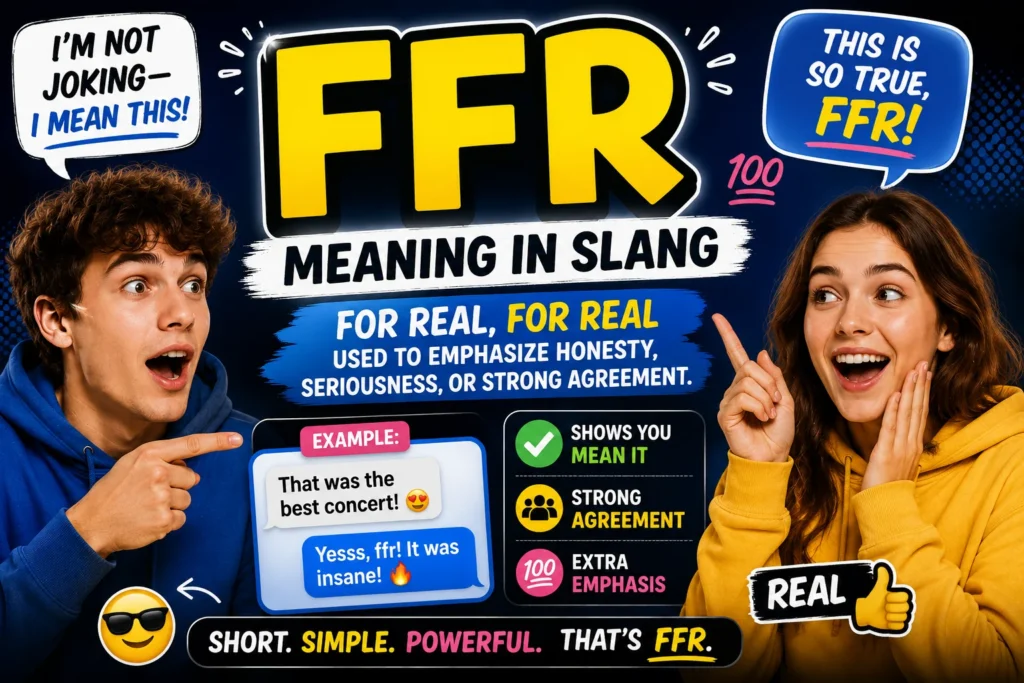 Featured image showing the slang term “FFR” in bold text, with two people expressing surprise and excitement, illustrating the meaning “for real, for real” as strong agreement and honesty.
