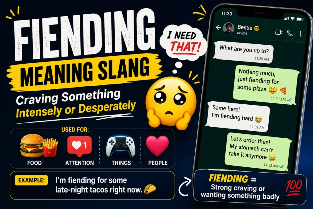 Colorful infographic thumbnail showing “Fiending Meaning Slang” with definition “craving something intensely or desperately,” chat example on a phone, and icons for food, attention, and people