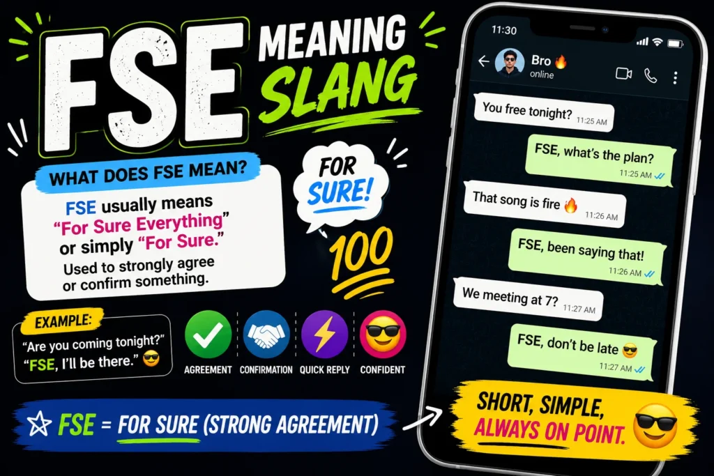 Bright, colorful infographic-style featured image explaining the slang term “FSE,” with bold headline text “FSE Meaning Slang,” a smartphone chat mockup showing real text conversations, and highlighted definition “For Sure” with icons representing agreement, confirmation, and quick replies.
