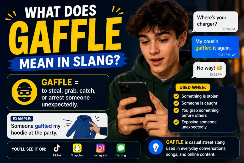 A modern infographic-style featured image explaining the slang term “gaffle,” showing a surprised young man looking at his phone with bold text reading “What Does Gaffle Mean in Slang?” alongside chat examples and a simple definition about stealing, grabbing, or catching something unexpectedly.