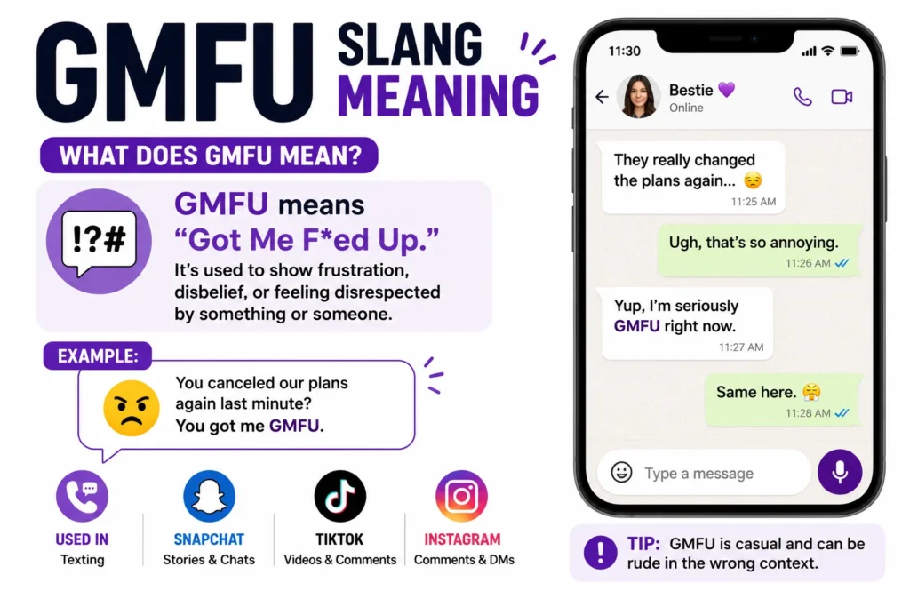 Clean, minimal infographic showing the slang term “GMFU” with a simple definition (“Got Me F*ed Up”), a short example message conversation on a smartphone mockup, and small social media icons, all in a modern white and purple layout.