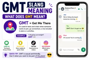 Modern infographic showing the slang term “GMT” with a simple definition (“Get Me There”), a minimal chat example on a smartphone screen, and small social media icons in a white and purple layout.