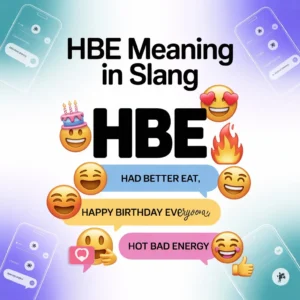 “Featured image for ‘HBE Meaning in Slang’ showing large HBE text with colorful chat bubbles explaining different meanings like ‘Had Better Eat,’ ‘Happy Birthday Everyone,’ and ‘Hot Bad Energy,’ surrounded by emojis, smartphone graphics, and social media-style elements.”