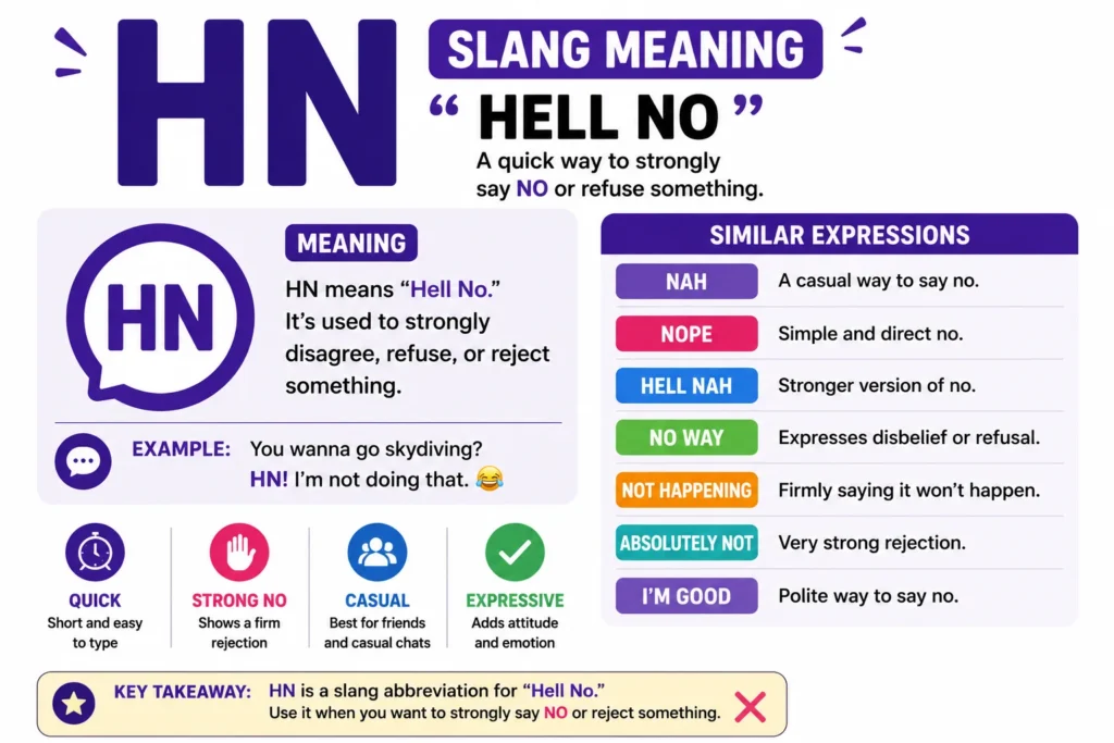 Clean infographic explaining “HN” slang meaning as “Hell No,” with definition, example sentence, and a list of similar expressions like “nah,” “nope,” and “no way” in colorful sections.