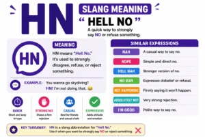 Clean infographic explaining “HN” slang meaning as “Hell No,” with definition, example sentence, and a list of similar expressions like “nah,” “nope,” and “no way” in colorful sections.