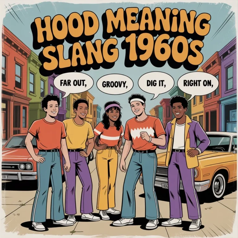 Illustration of a diverse group of young people standing on a colorful urban street in a 1960s-style neighborhood, with bold text “Hood Meaning Slang 1960s” and speech bubbles showing phrases like “far out,” “groovy,” “dig it,” and “right on.”