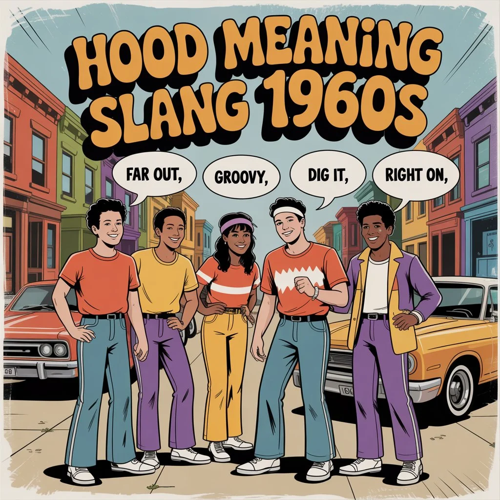 Illustration of a diverse group of young people standing on a colorful urban street in a 1960s-style neighborhood, with bold text “Hood Meaning Slang 1960s” and speech bubbles showing phrases like “far out,” “groovy,” “dig it,” and “right on.”