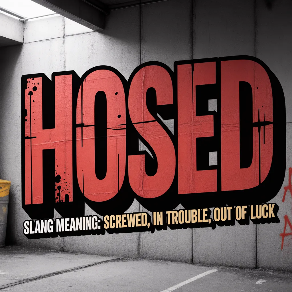 Graffiti-style artwork showing the word “HOSED” in bold red letters on a concrete wall, with smaller text underneath reading “slang meaning: screwed, in trouble, out of luck,” set in an urban alley setting.