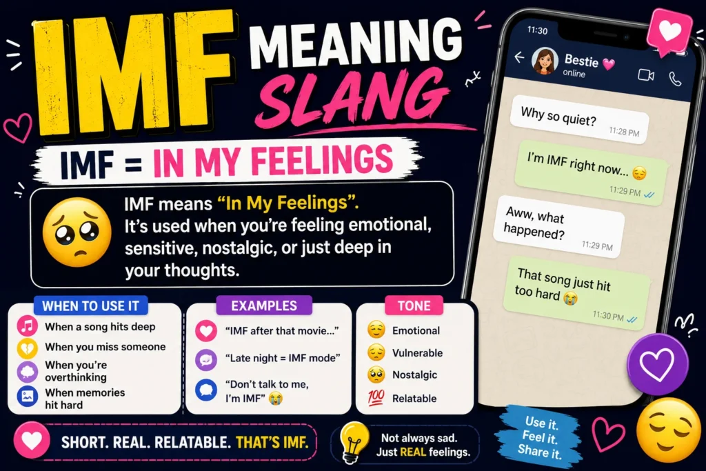 Colorful infographic explaining “IMF meaning slang,” highlighting that IMF stands for “In My Feelings,” with chat message examples on a smartphone, emojis, and sections showing tone, usage, and emotional context.