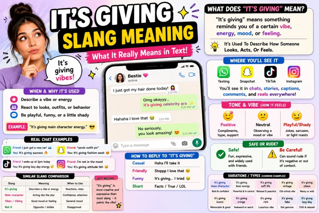 Colorful infographic thumbnail explaining “it’s giving” slang meaning, featuring bold title text, a woman thinking, a smartphone chat example, sections on tone (positive, neutral, playful/shady), real chat examples, how to reply, social media platforms, and common variations of the phrase.