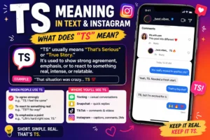 Colorful infographic explaining “TS meaning in text Instagram,” showing that TS stands for “That’s Serious” or “True Story,” with smartphone chat examples, social media icons, and sections on usage, tone, and real-life reactions.
