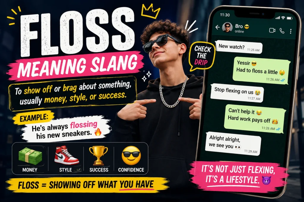 Colorful slang infographic showing “Floss Meaning Slang” with definition “to show off or brag,” stylish person posing confidently, chat example on a phone, and icons representing money, fashion, success, and confidence