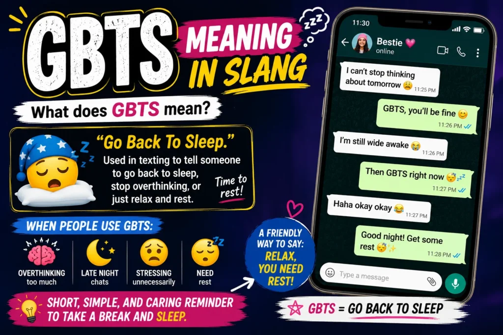 Colorful infographic explaining “GBTS meaning in slang,” showing it stands for “Go Back To Sleep,” with a chat example on a smartphone, playful emojis, and notes about using it in late-night conversations, overthinking, or when someone needs rest.