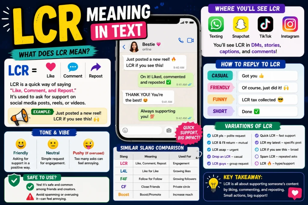 Colorful infographic explaining “LCR meaning in text,” featuring a smartphone chat example, definition (“Like, Comment, Repost”), tone indicators (friendly, neutral, pushy), real chat replies, engagement tips, variations of LCR, and sections showing where it’s used on social media platforms.