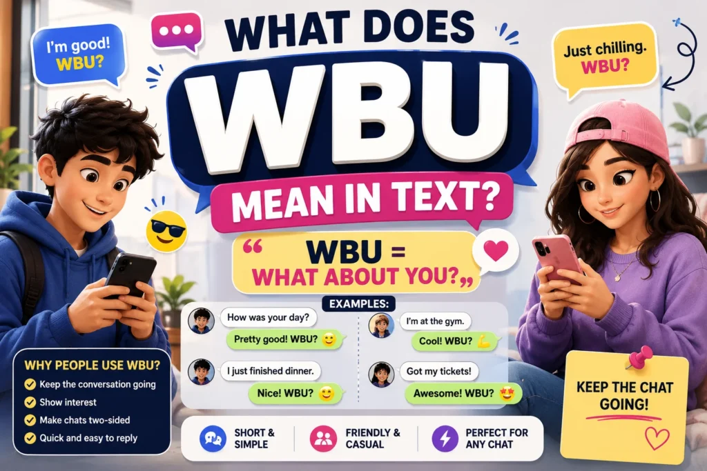 Colorful infographic showing two Gen Z characters texting on smartphones with bold headline “What Does WBU Mean in Text?” and definition “WBU = What About You?” along with chat examples and tips for using the slang in conversations.
