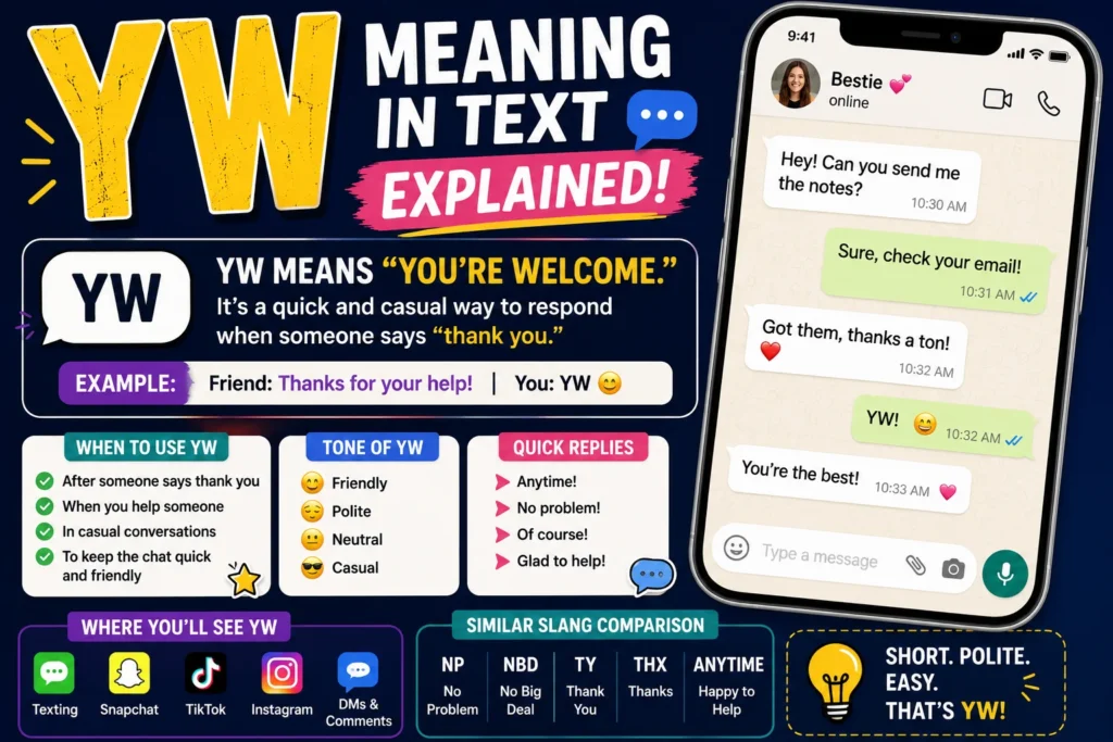 Colorful infographic-style featured image explaining “YW meaning in text,” showing a smartphone chat where “YW” is used as a reply to “thank you,” along with sections highlighting its meaning (“you’re welcome”), tone (friendly, casual), usage examples, and quick reply suggestions.