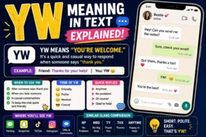 Colorful infographic-style featured image explaining “YW meaning in text,” showing a smartphone chat where “YW” is used as a reply to “thank you,” along with sections highlighting its meaning (“you’re welcome”), tone (friendly, casual), usage examples, and quick reply suggestions.