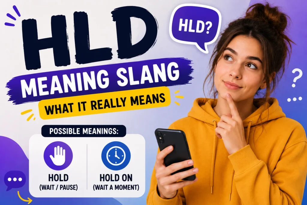 Bright, modern thumbnail featuring a curious young woman in a yellow hoodie holding a smartphone, looking up thoughtfully, with bold text “HLD Meaning Slang” and visual icons representing “hold” and “wait,” set against a colorful purple and blue gradient background.