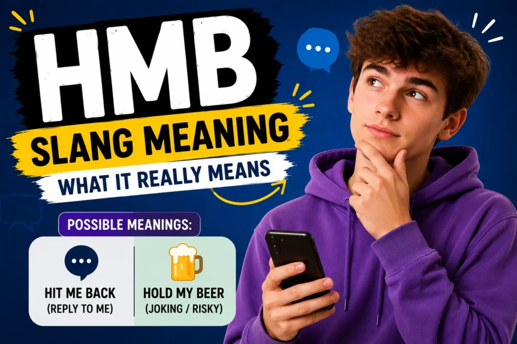HMB slang meaning thumbnail featuring a young man holding a phone and thinking, with bold “HMB” text and simple visuals showing “hit me back” and “hold my beer” meanings.