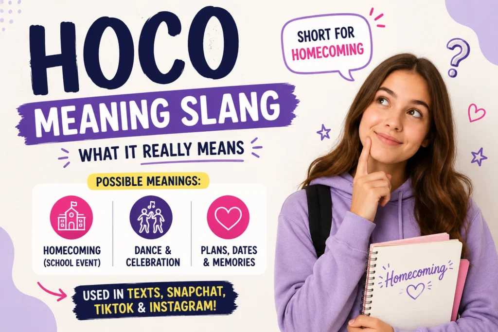 HOCO meaning slang thumbnail featuring a teenage boy thinking, with bold “HOCO” text, colorful icons, and simple visuals showing homecoming, dance, and plans across social media.