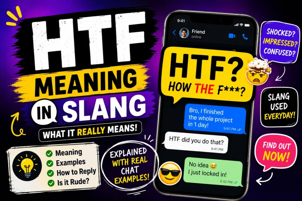 Bright, colorful thumbnail showing “HTF meaning in slang” with a smartphone chat example explaining “How the f***,” featuring bold text, emojis, and a modern texting-style design.