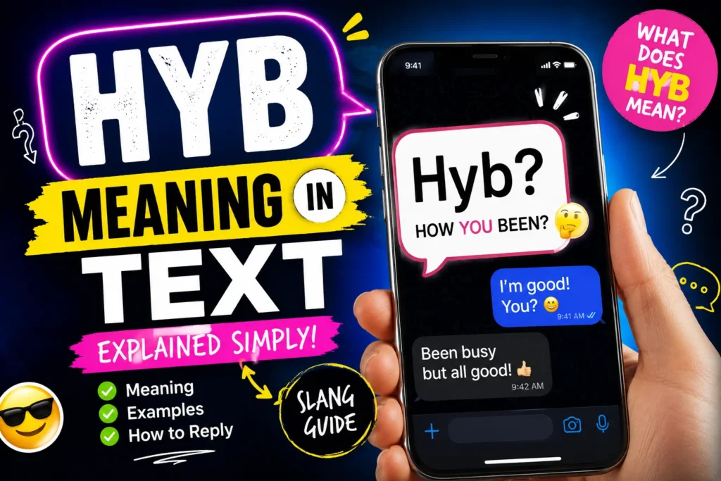 Bright, high-contrast thumbnail showing “HYB meaning in text” with a smartphone chat example explaining “How you been?” in a colorful, modern slang-style design.