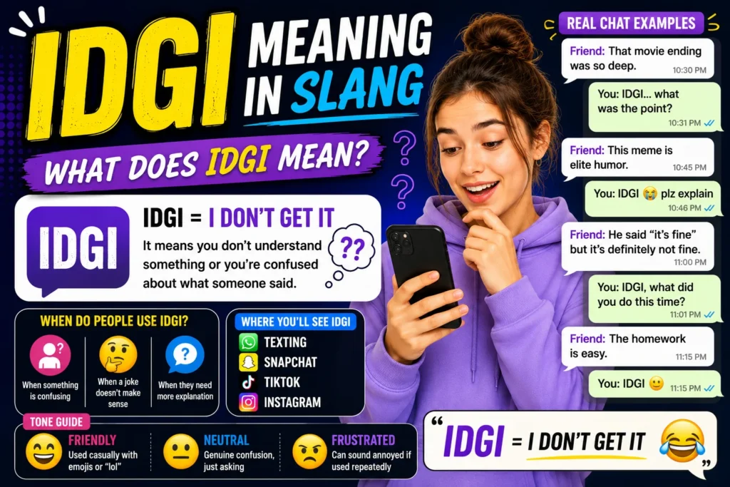 Bright, colorful infographic explaining the slang “IDGI” (I don’t get it), featuring bold text, chat-style message examples, tone indicators, and a smiling young woman using a smartphone, with sections on meaning, usage, and social media platforms.