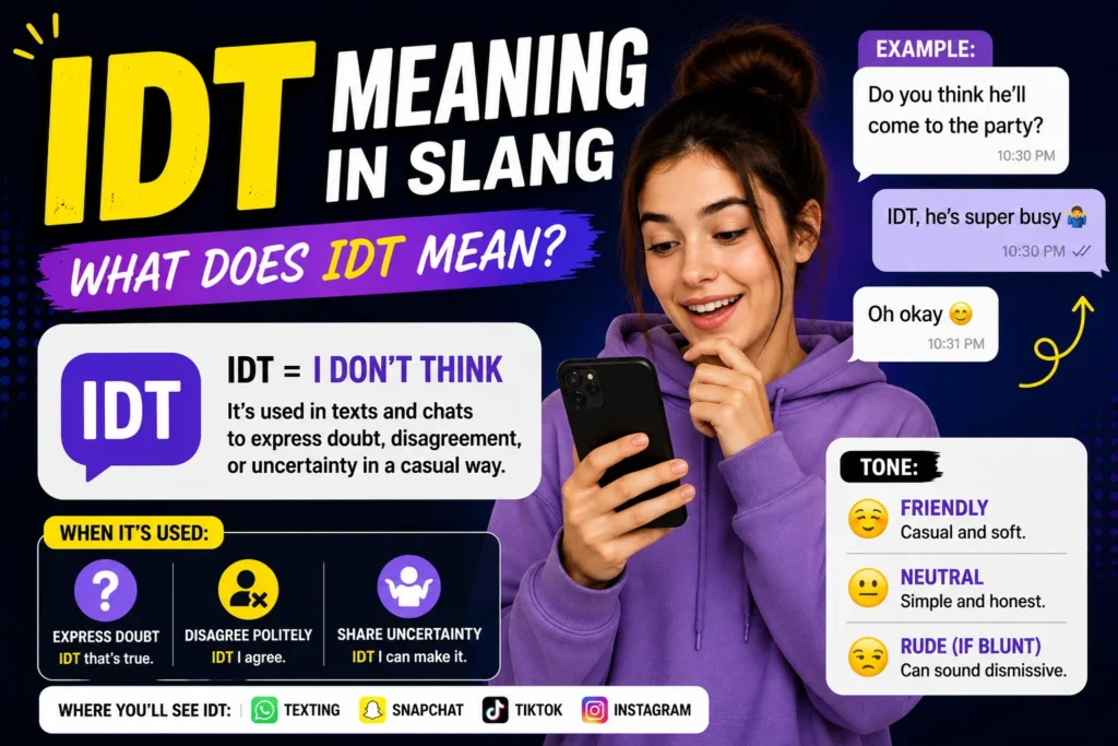 Bright infographic-style featured image explaining “IDT meaning in slang,” showing a young woman texting on her phone, bold “IDT = I don’t think” text, chat message examples, and sections highlighting tone (friendly, neutral, rude) and common usage on social media platforms.