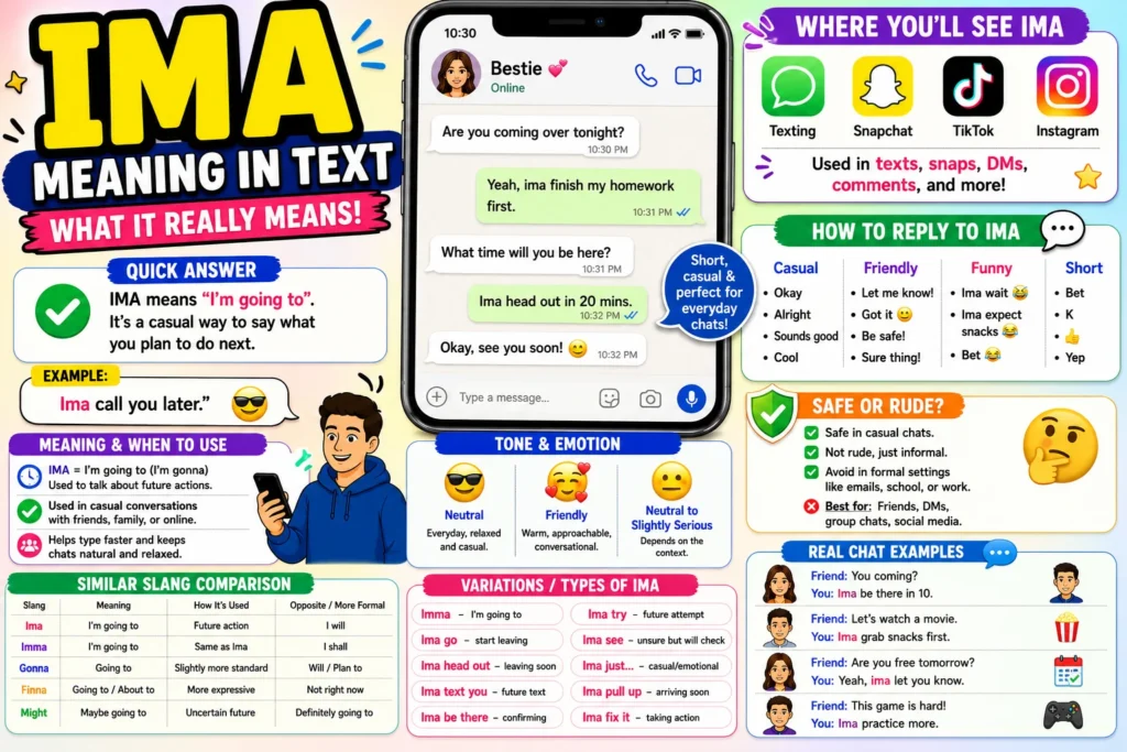 Colorful infographic explaining “IMA meaning in text,” featuring a bold title, smartphone chat example, sections on quick definition, tone and emotion, how to reply, similar slang comparisons, variations, and where it’s used like texting, Snapchat, TikTok, and Instagram.