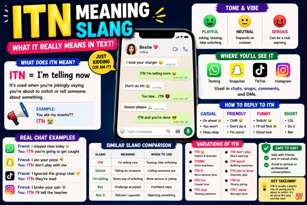 Colorful infographic explaining “ITN” slang meaning, featuring bold “ITN Meaning Slang” title, a smartphone chat mockup, sections for tone (playful, neutral, serious), real chat examples, how to reply, social media platforms, and common variations of ITN in texting.