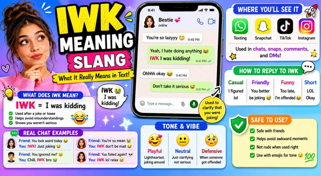 Colorful infographic-style featured image explaining “IWK” slang meaning “I was kidding,” with a smartphone chat example, playful emojis, tone indicators, reply ideas, and sections showing where it’s used (texting, Snapchat, TikTok, Instagram).