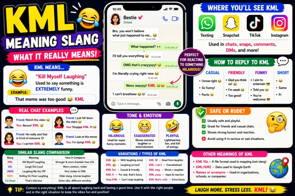 Bright, colorful infographic explaining “KML meaning slang,” featuring bold title text, a smartphone chat example, sections on definition, tone and emotion, real chat examples, how to reply, similar slang comparisons, variations, and where it’s used on texting, Snapchat, TikTok, and Instagram.