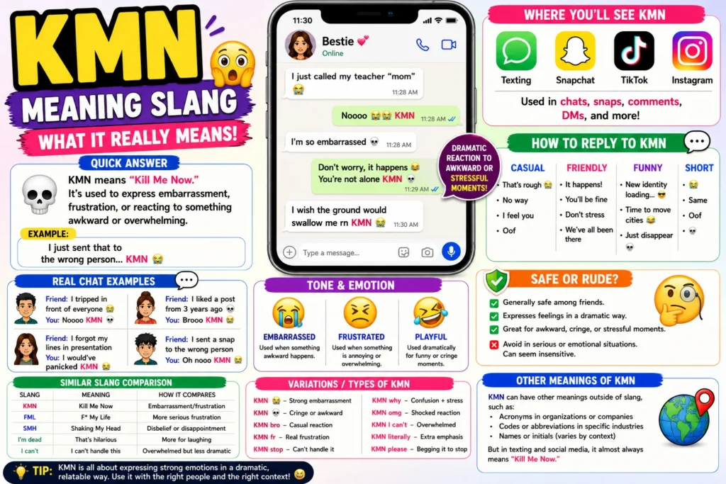 Bright, colorful infographic explaining “KMN meaning slang,” featuring a bold headline, a smartphone chat example about an embarrassing moment, sections on quick definition, emotional tone (embarrassed, frustrated, playful), real chat examples, how to reply, similar slang comparison, variations, and where it’s used on texting, Snapchat, TikTok, and Instagram.