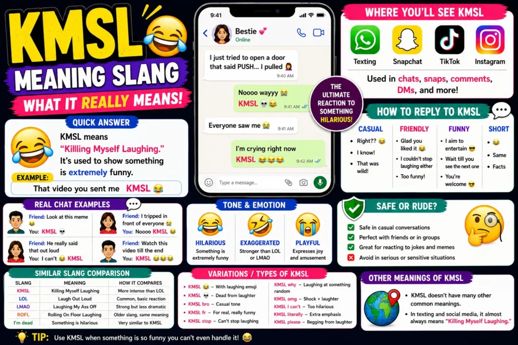 Bright, colorful infographic explaining “KMSL meaning slang,” featuring a bold headline, laughing emoji, smartphone chat example, sections on definition, real chat examples, tone and emotion (hilarious, exaggerated, playful), how to reply, similar slang comparison, variations, and where it’s used on texting, Snapchat, TikTok, and Instagram.