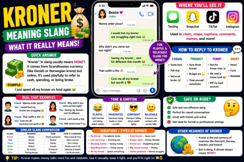 Colorful infographic-style thumbnail explaining “kroner meaning slang,” featuring bold text, chat bubbles, emojis, and a modern social media design layout.
