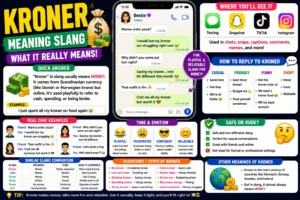 Colorful infographic-style thumbnail explaining “kroner meaning slang,” featuring bold text, chat bubbles, emojis, and a modern social media design layout.