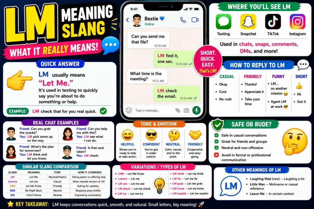 LM slang infographic showing “Let Me” meaning with chat examples and modern texting visuals