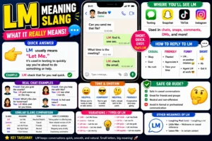LM slang infographic showing “Let Me” meaning with chat examples and modern texting visuals