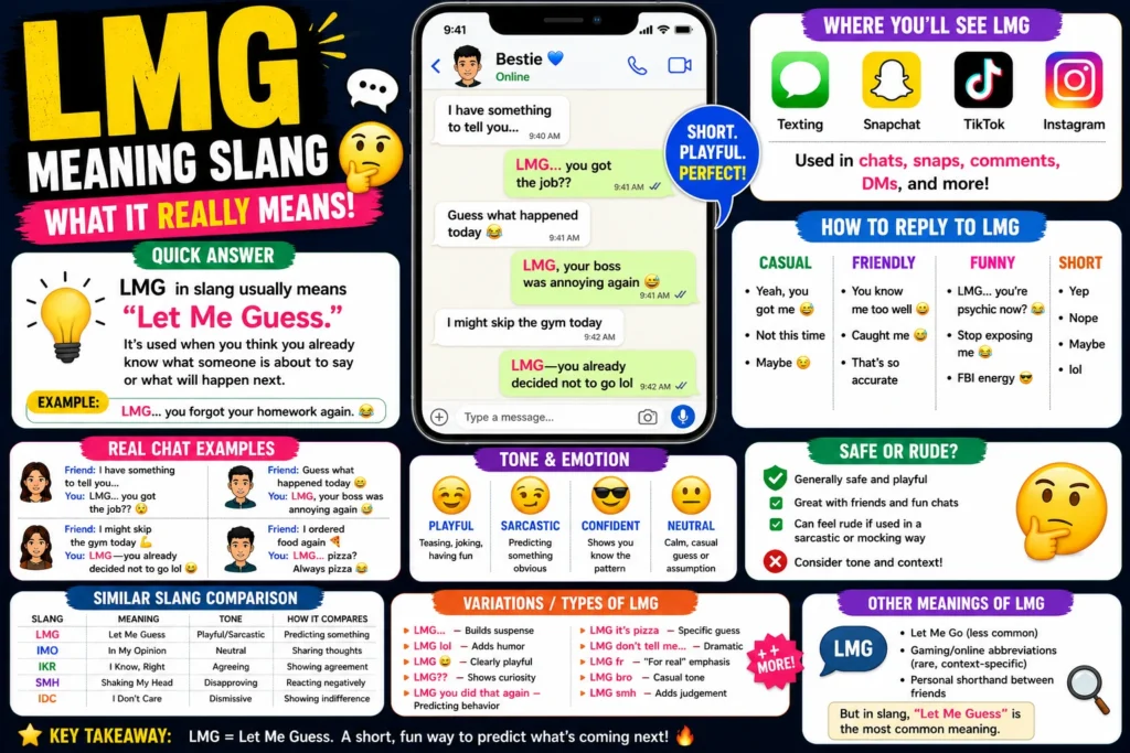 LMG slang meaning infographic with real chat scenarios, emotional tone, and reply ideas