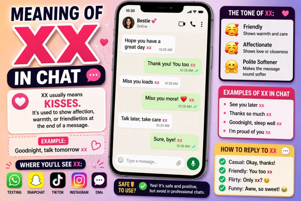 Colorful infographic explaining the meaning of “xx” in chat, featuring a smartphone conversation with friendly messages, highlighting “xx = kisses,” along with examples, tone explanations, and social media icons like texting, Snapchat, TikTok, and Instagram.