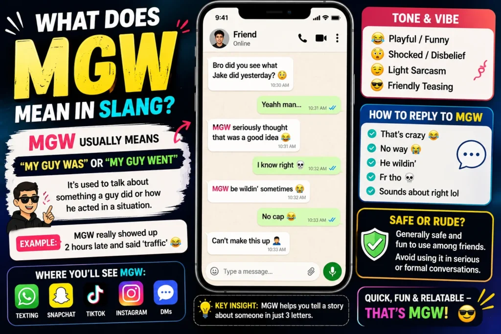 Colorful infographic explaining “MGW meaning in slang,” showing a smartphone chat example, definitions like “my guy was” or “my guy went,” tone indicators, reply ideas, and social media usage icons.
