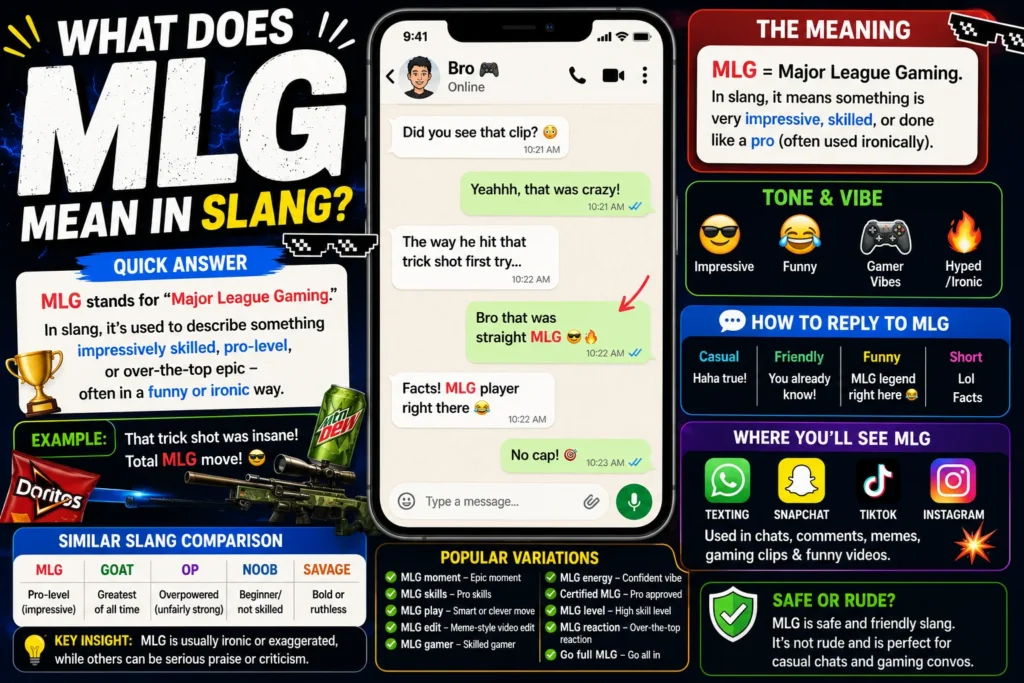 Vibrant gaming-style infographic explaining “MLG” meaning in slang, featuring a smartphone chat example, bold “What Does MLG Mean?” heading, quick definition (Major League Gaming), tone icons, reply ideas, and social media usage sections.