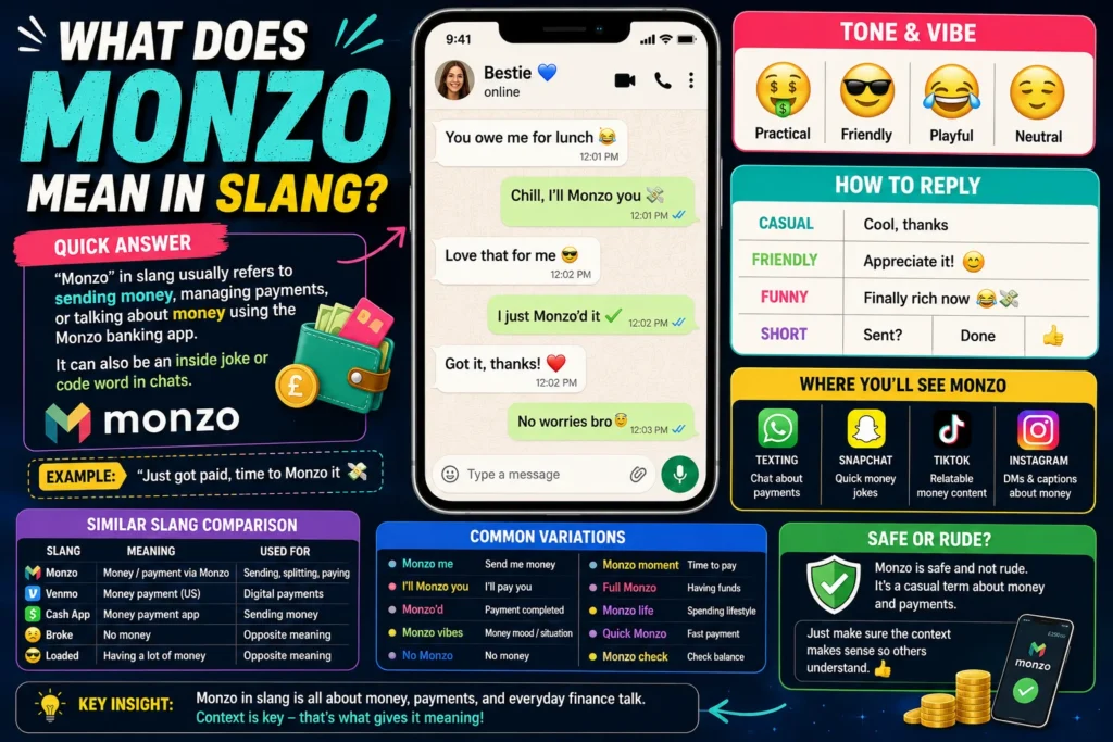 Bright, colorful infographic-style featured image explaining “Monzo meaning slang,” with bold headline text, a smartphone chat mockup showing messages like “I’ll Monzo you,” sections for tone, replies, variations, and platforms (WhatsApp, Snapchat, TikTok, Instagram), plus icons, emojis, and money-themed visuals in a modern neon design.