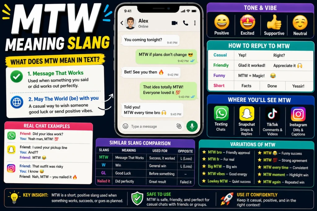Bright, colorful infographic-style thumbnail explaining “MTW meaning slang,” featuring bold headline text, a smartphone chat mockup with messages like “MTW if plans don’t change,” sections for meanings, tone, replies, chat examples, and variations, with social media icons and modern neon design elements.