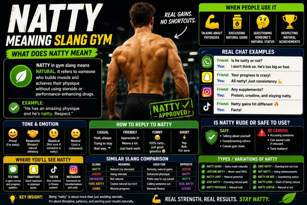Bold, colorful infographic-style thumbnail explaining “natty meaning slang gym,” featuring a muscular back view in a gym, large “NATTY” headline text, sections for definition, real chat examples, tone and emotion, how to reply, and similar slang, with neon green accents, emojis, and social media icons in a modern layout.