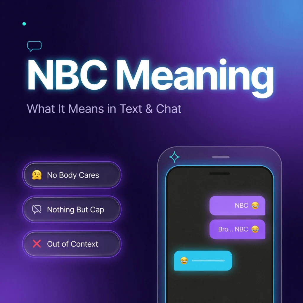 Featured image titled “NBC Meaning” with the subtitle “What It Means in Text & Chat.” The design features a dark purple and blue gradient background with glowing neon effects. On the left, three highlighted possible meanings of NBC are displayed: “No Body Cares,” “Nothing But Cap,” and “Out of Context,” each accompanied by an icon.